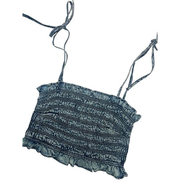 NEW! Womens 100% Cotton Cropped Ruffle Tank Denim‎ Blue Size L Large Summer Top - Picture 2 of 6